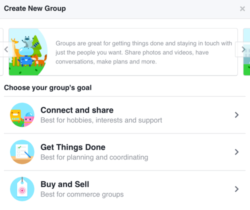 एक समुदाय बनाने पर केंद्रित फेसबुक समूह बनाने के लिए, कनेक्ट और शेयर चुनें।
