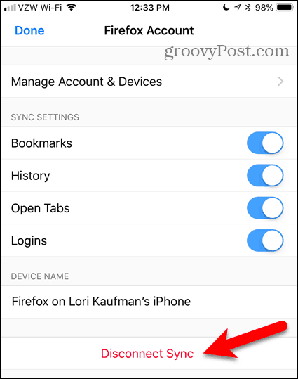 IOS के लिए फ़ायरफ़ॉक्स में डिस्कनेक्ट सिंक टैप करें