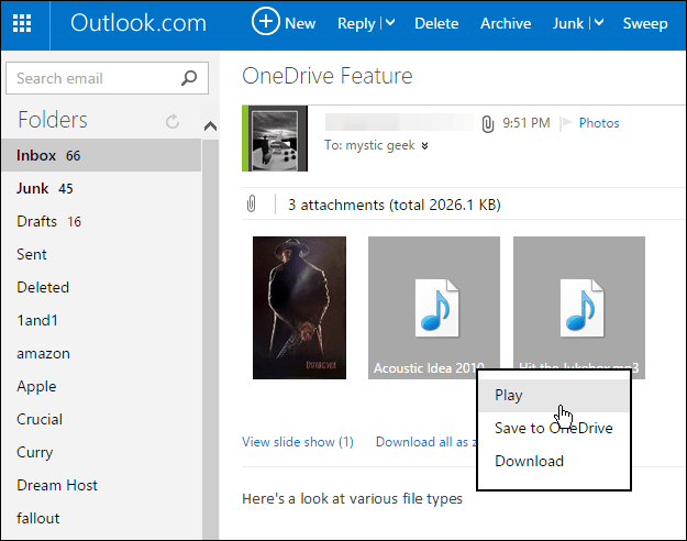 एक क्लिक के साथ Outlook.com अनुलग्नक को OneDrive पर सहेजें