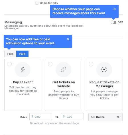 फेसबुक फेसबुक मैसेंजर के माध्यम से लोगों को सवाल पूछने की अनुमति देने के विकल्प का परीक्षण करता दिखाई देता है, मुफ्त जोड़ें या किसी ईवेंट के लिए प्रवेश विकल्प का भुगतान किया है, और फेसबुक इवेंट सेट करते समय एक टिकट की कीमत सीमा निर्धारित की है पृष्ठ।