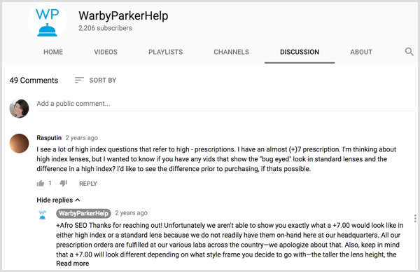 YouTube चर्चा टैब पर ग्राहक वार्तालाप के उदाहरण
