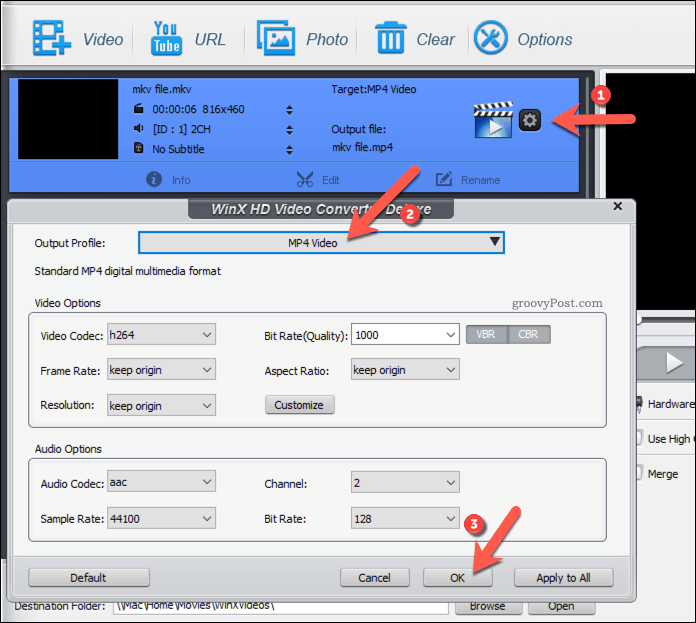 WinX आउटपुट फ़ाइल के लिए आउटपुट प्रोफ़ाइल सेटिंग बदलना