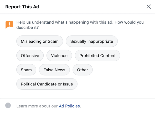 फेसबुक विज्ञापन प्रतिक्रिया के लिए उपयोगकर्ता विकल्प