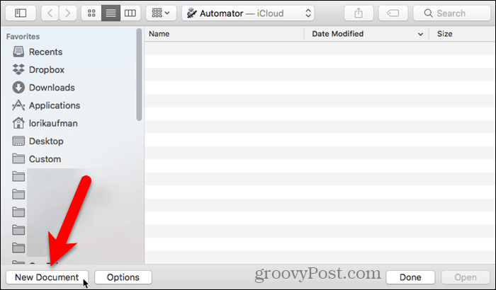 Automator में New Document पर क्लिक करें