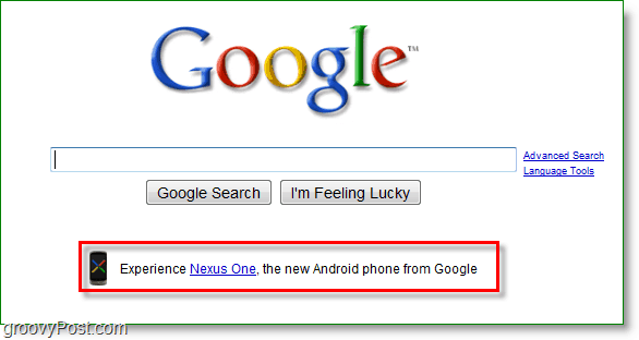 Nexus एक को Google होम पेज पर विज्ञापित किया जा रहा है।