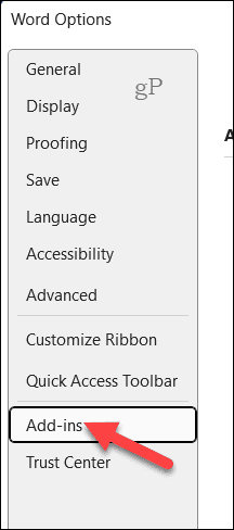 वर्ड विकल्पों में ऐड-इन्स विकल्प टैब