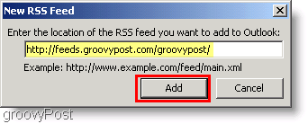 स्क्रीनशॉट Microsoft Outlook 2007 - नए RSS फ़ीड में टाइप करें