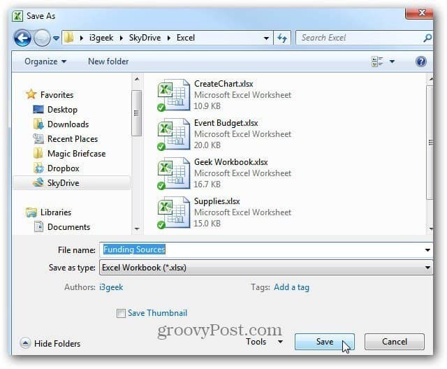 Excel दस्तावेज़ को SkyDrive पर सहेजें