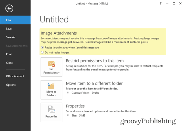 आउटलुक 2013 संदेश के लिए छवियों का आकार बदलें