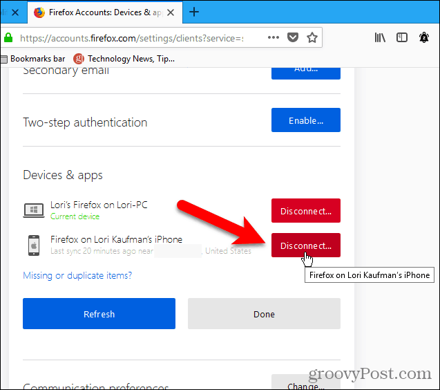 विंडोज के लिए फ़ायरफ़ॉक्स का उपयोग कर एक डिवाइस को डिस्कनेक्ट करें