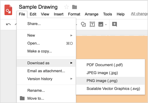 अपने Google चित्र डिज़ाइन को डाउनलोड करने के लिए File> Download As> PNG Image (.png) चुनें।