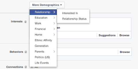 फेसबुक संबंध जनसांख्यिकीय विकल्प