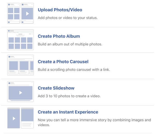 फेसबुक छवि और वीडियो पोस्ट विकल्पों का उदाहरण।