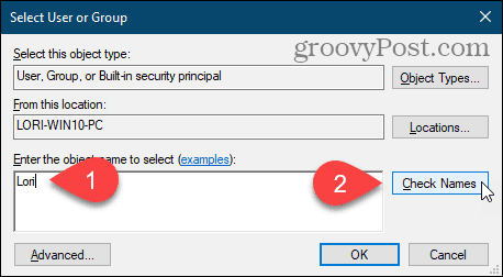 Windows रजिस्ट्री में उपयोगकर्ता या समूह संवाद बॉक्स का चयन करें पर उपयोगकर्ता नाम दर्ज करने के लिए चेक नाम पर क्लिक करें