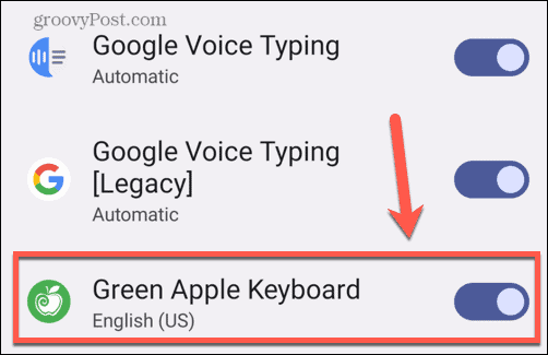 Android टॉगल ग्रीन ऐप्पल कीबोर्ड चालू