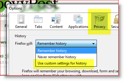 फ़ायरफ़ॉक्स - इतिहास के लिए कस्टम सेटिंग्स का उपयोग करें