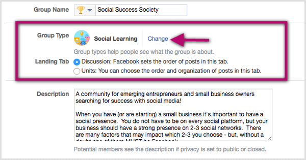 मौजूदा समूह प्रकार वर्गीकरण के बगल में स्थित परिवर्तन लिंक पर क्लिक करें और सामाजिक अधिगम चुनें।