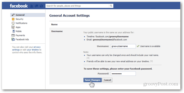 फेसबुक सामान्य खाता सेटिंग्स वरीयताएँ सामान्य उपयोगकर्ता नाम यूज़रनेम पासवर्ड प्रबंधित करें परिवर्तनों की पुष्टि करें को बचाएं