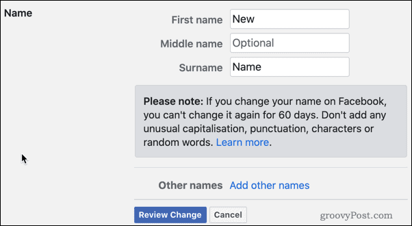 फेसबुक नाम परिवर्तन की समीक्षा करें