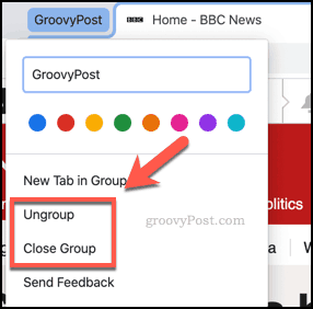 Chrome में टैब समूहों को बंद या अनग्रुप करें