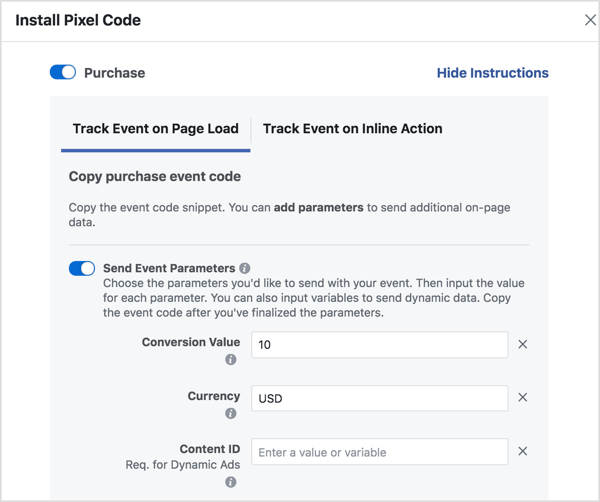 फेसबुक इवेंट कोड को आपकी ज़रूरत के लिए पैरामीटर सेट करें।