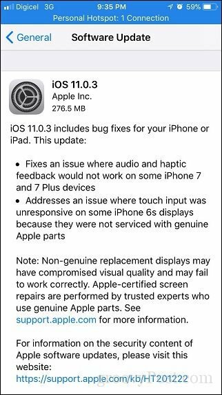 Apple iOS 11.0.3 - Apple iPhone और iPad के लिए एक और मामूली अपडेट जारी करता है