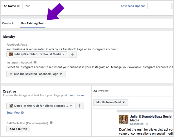मौजूदा पोस्ट टैब का उपयोग करें पर क्लिक करें और उस पृष्ठ का चयन करें और पोस्ट करें जिसे आप फेसबुक विज्ञापन के रूप में चलाना चाहते हैं।