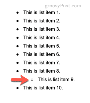 Google डॉक्स में बहु-स्तरीय सूची का एक उदाहरण