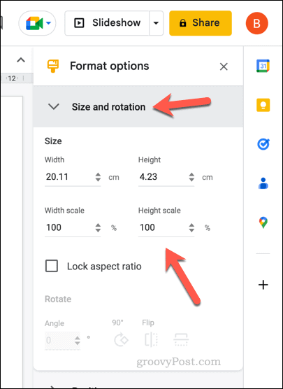 Google स्लाइड तालिका के लिए आकार विकल्प