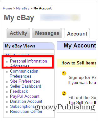 eBay पासवर्ड खाता सेटिंग्स की व्यक्तिगत जानकारी बदलते हैं