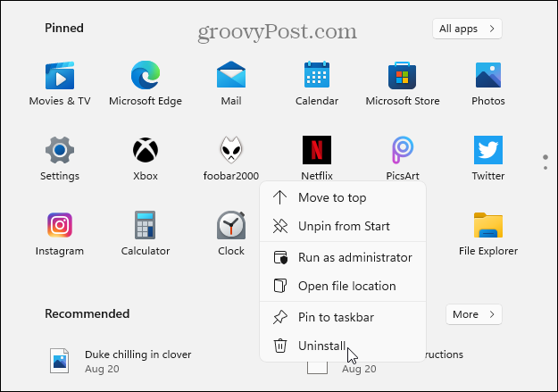 पिन किए गए ऐप्स से अनइंस्टॉल करें विंडोज 11 स्टार्ट