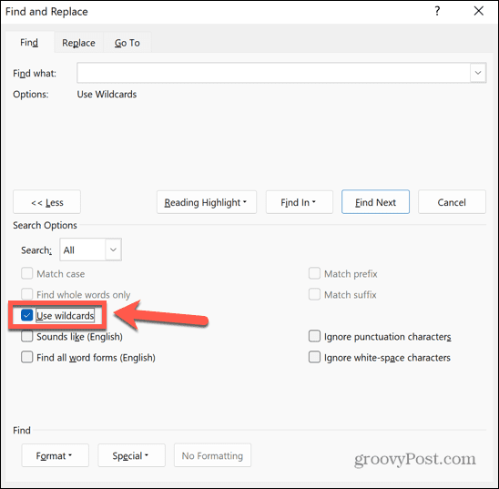 शब्द खोज वाइल्डकार्ड का उपयोग करें