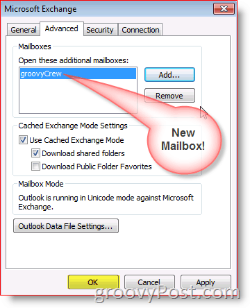 Outlook 2010 स्क्रीनशॉट में मेलबॉक्स उन्नत टैब जोड़ें