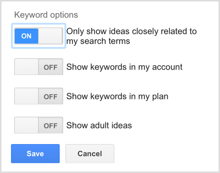 Google AdWords कीवर्ड प्लानर खोज कीवर्ड विकल्प