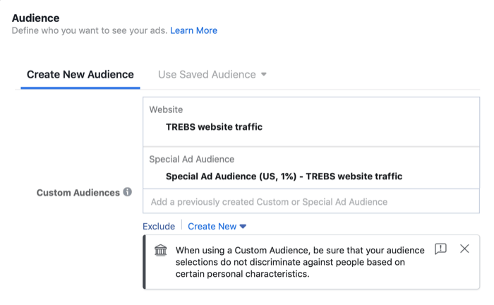 फेसबुक अभियान सेटअप के ऑडियंस अनुभाग में विशेष विज्ञापन दर्शक