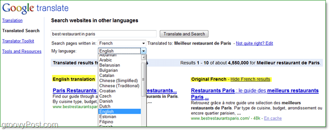अलग-अलग भाषाओं में इंटरनेट पेजों की खोज करें और Google से अनुवादित सेरैक का उपयोग करके उन्हें अपने आप में पढ़ें