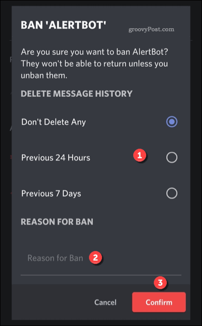 एक उपयोगकर्ता पर प्रतिबंध लगाने के लिए विकल्प