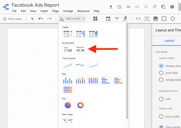 Google डेटा स्टूडियो में स्कोरकार्ड चार्ट का चयन करने के लिए अपने फेसबुक विज्ञापनों, चरण 8 का विश्लेषण करने के लिए Google डेटा स्टूडियो का उपयोग करें