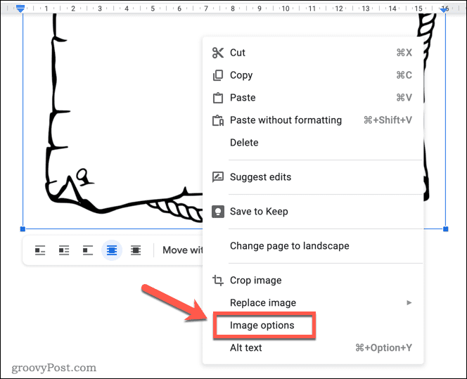 Google डॉक्स में छवि विकल्प मेनू खोलना