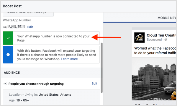 फेसबुक पुष्टि करता है कि आपने अपने फेसबुक पेज को व्हाट्सएप से जोड़ा है।