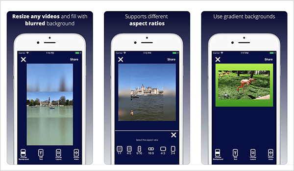 IGTV और अधिक के लिए वीडियो Resizer आप Instagram टीवी के लिए क्षैतिज या वर्ग वीडियो का आकार बदलने देता है। आईट्यून्स स्टोर से पूर्वावलोकन छवियां ऐप की विशेषताओं को उजागर करती हैं। पहला उदाहरण किनारे पर पेड़ों के साथ एक झील पर एक रौत का क्षैतिज वीडियो दिखाता है। वीडियो के ऊपर एक धुंधली पृष्ठभूमि है जो वीडियो में आकाश जैसा दिखता है। वीडियो के नीचे एक हरे रंग की धुंधली पृष्ठभूमि है जो झील के रंग से मेल खाती है। दूसरा उदाहरण एक नदी के किनारे पर एक गुंबददार इमारत का एक ऊर्ध्वाधर वीडियो दिखाता है। पानी पर एक नाव से वीडियो शूट किया गया था। वर्टिकल वीडियो को वर्गाकार प्रारूप में फिट करने के लिए आकार दिया गया है, इसलिए वीडियो के प्रत्येक तरफ एक धुंधली पृष्ठभूमि दिखाई देती है। तीसरा उदाहरण हरी घास पर खड़ा एक राजहंस है। वीडियो में एक चमकदार हरे रंग की पृष्ठभूमि है जो वीडियो के लिए ढाल पृष्ठभूमि को लागू करने की ऐप की क्षमता को दिखाता है।