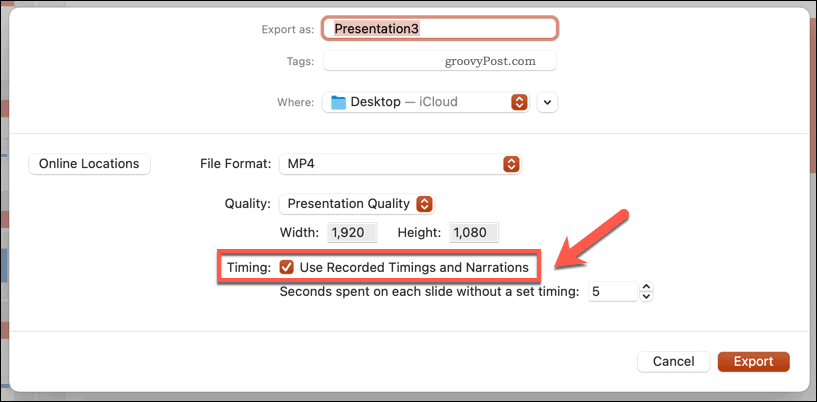 Mac पर PowerPoint में एक निर्यात किए गए वीडियो के लिए रिकॉर्ड किए गए समय का उपयोग करना