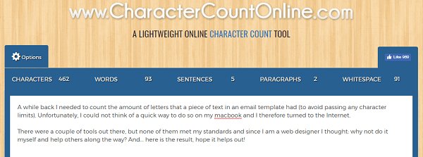 वर्ण, शब्द, पैराग्राफ और बहुत कुछ गिनने के लिए CharacterCountOnline.com का उपयोग करें।