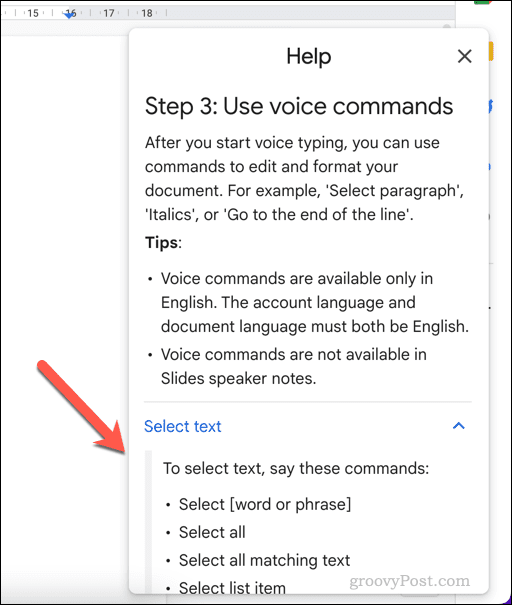 Google डॉक्स में ध्वनि टाइपिंग के लिए सहायता मेनू
