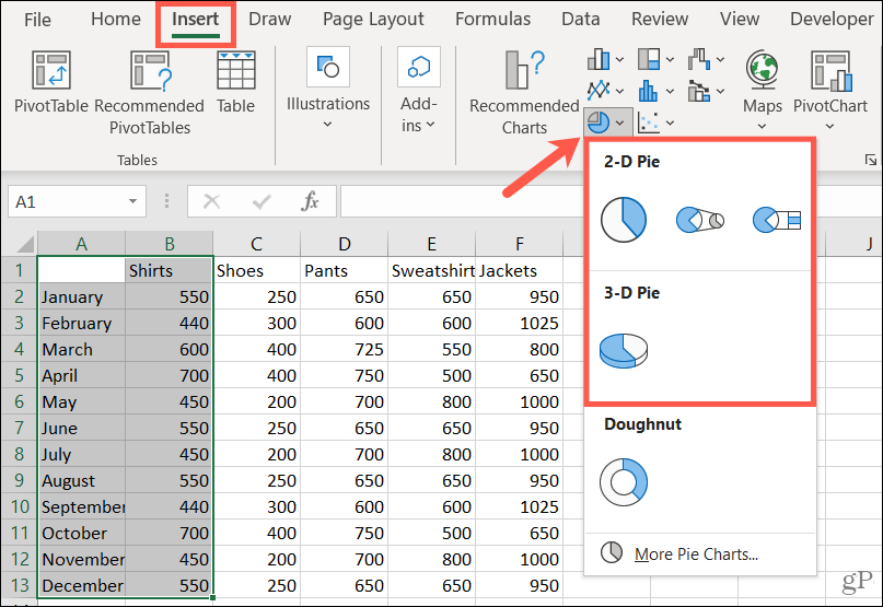 Excel में पाई चार्ट बनाने के लिए शैली चुनें
