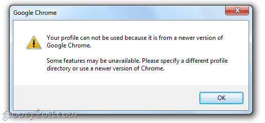 आपकी प्रोफ़ाइल का उपयोग नहीं किया जा सकता क्योंकि यह Google Chrome के नए संस्करण से है। कुछ सुविधाएँ अनुपलब्ध हो सकती हैं। कृपया एक अलग प्रोफ़ाइल निर्देशिका निर्दिष्ट करें या Chrome के नए संस्करण का उपयोग करें।