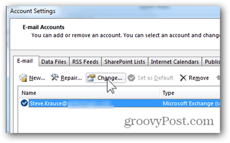 मेलबॉक्स Outlook 2013 जोड़ें - परिवर्तन पर क्लिक करें