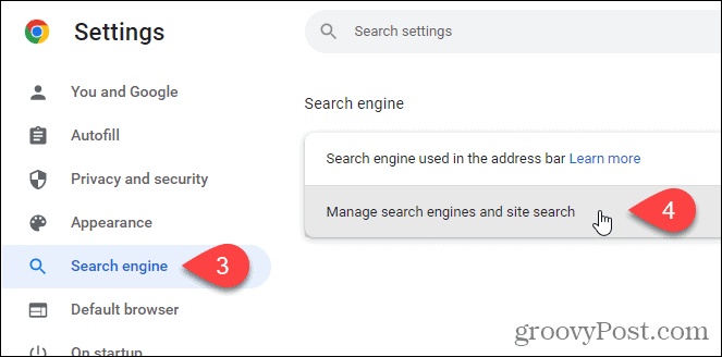 Chrome में खोज इंजन स्क्रीन पर खोज इंजन और साइट खोज प्रबंधित करें पर क्लिक करें