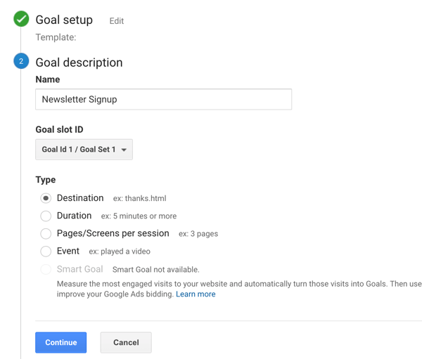 इंस्टाग्राम स्टोरीज, चरण 6 के लिए Google विश्लेषणात्मक लक्ष्य निर्धारित करें।