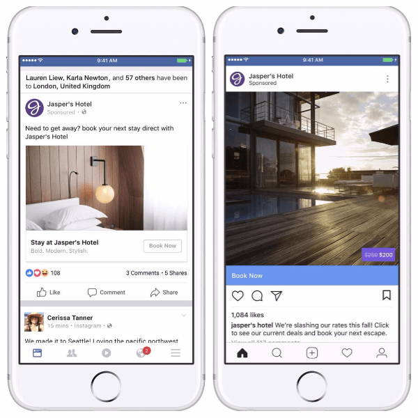 फेसबुक सामाजिक संदर्भ जोड़ता है और यात्रा के लिए गतिशील विज्ञापनों को ओवरले करता है।
